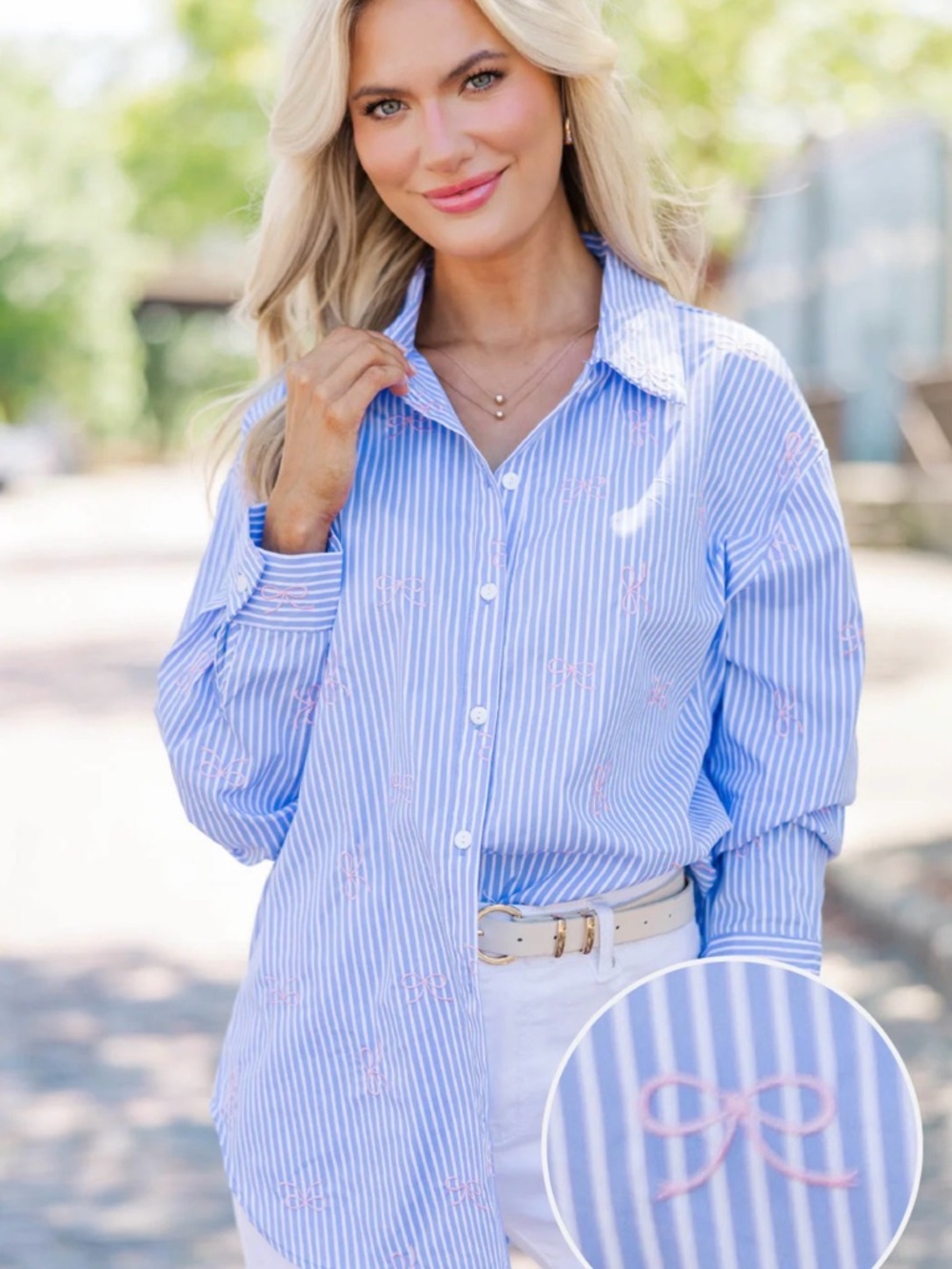 Light Blue Striped Button-Down Shirt with Pink Bow Detail